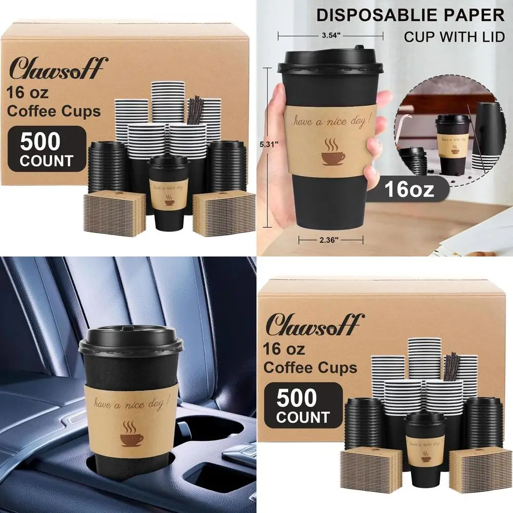 

16 oz Disposable Coffee Cups with Lids, Sleeves & Stir Sticks - Perfect for Hot/Cold Drinks, Office, Home, or Events