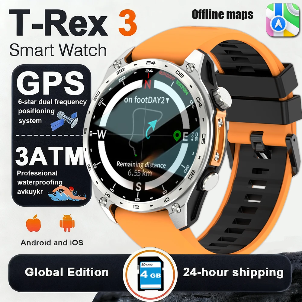 

New GPS 4GB Memory Smartwatch Offline Maps Video Player Military Sports BT Call Smart bracelet Men 3ATM Waterproof Sapphire