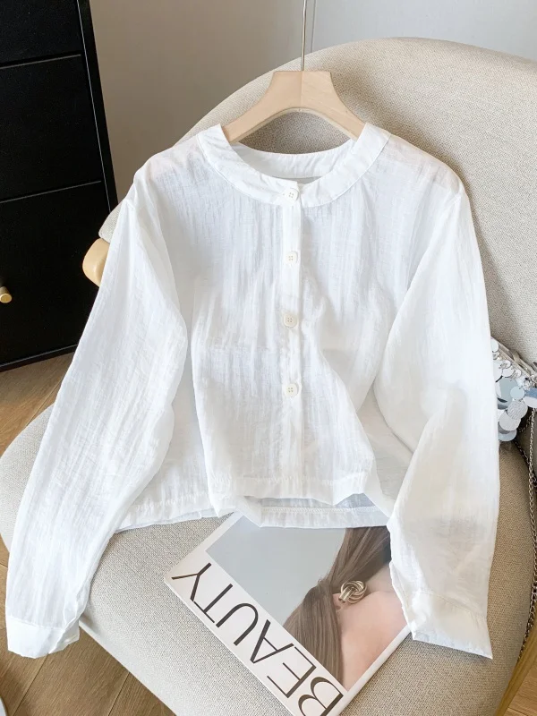 

Белая короткая льняная рубашка-жакет для женщин, летняя тонкая полупрозрачная рубашка, верхняя одежда, открытый кардиган, модный топ на весну