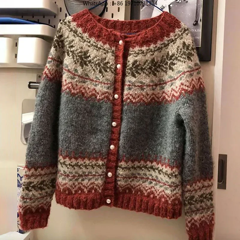 Vintage Knitting Long Sleeve Casual Green Striped Pullovers Women 2025 Winter Fashion Round Neck Ladies Loose Female Sweater Top