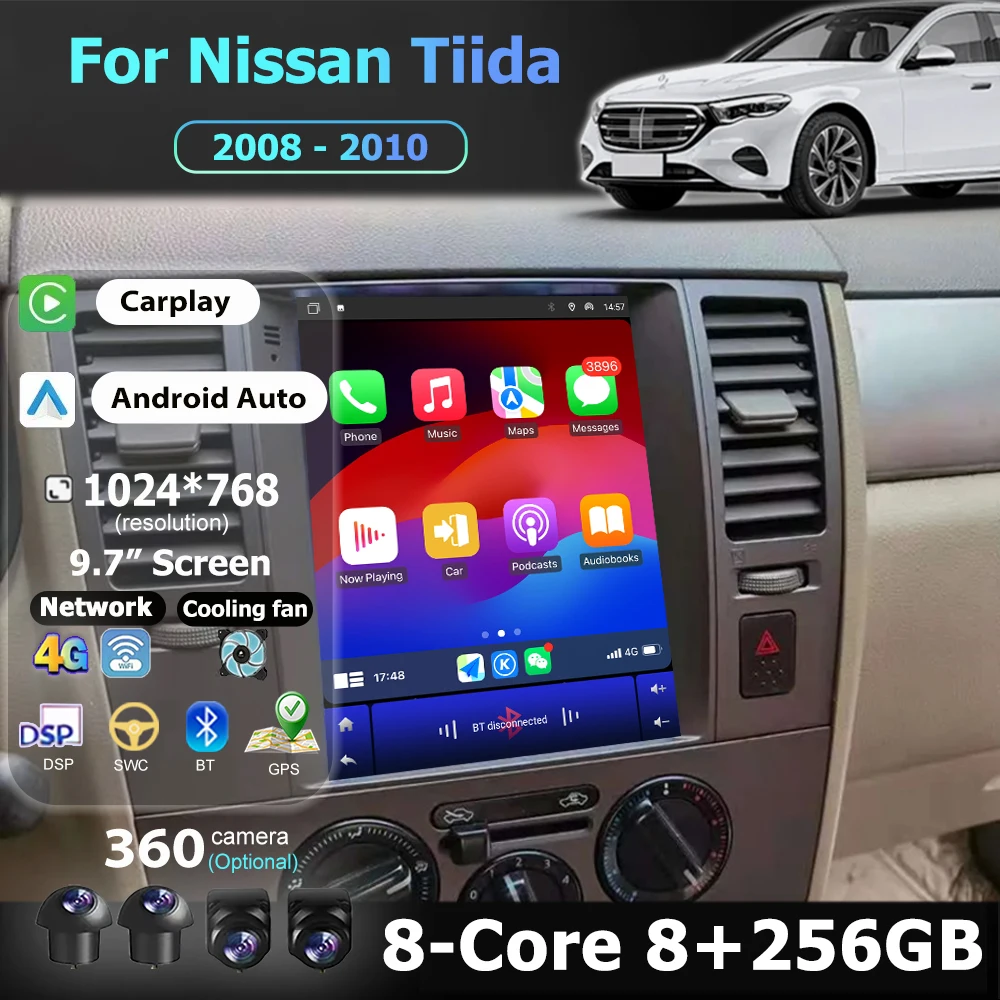 

Автомобильный радиоприемник, мультимедийный видеоплеер, инструменты для GPS-навигации для Nissan Tiida 2008-2010 Android 16, автоматическая беспроводная камера Carplay 360