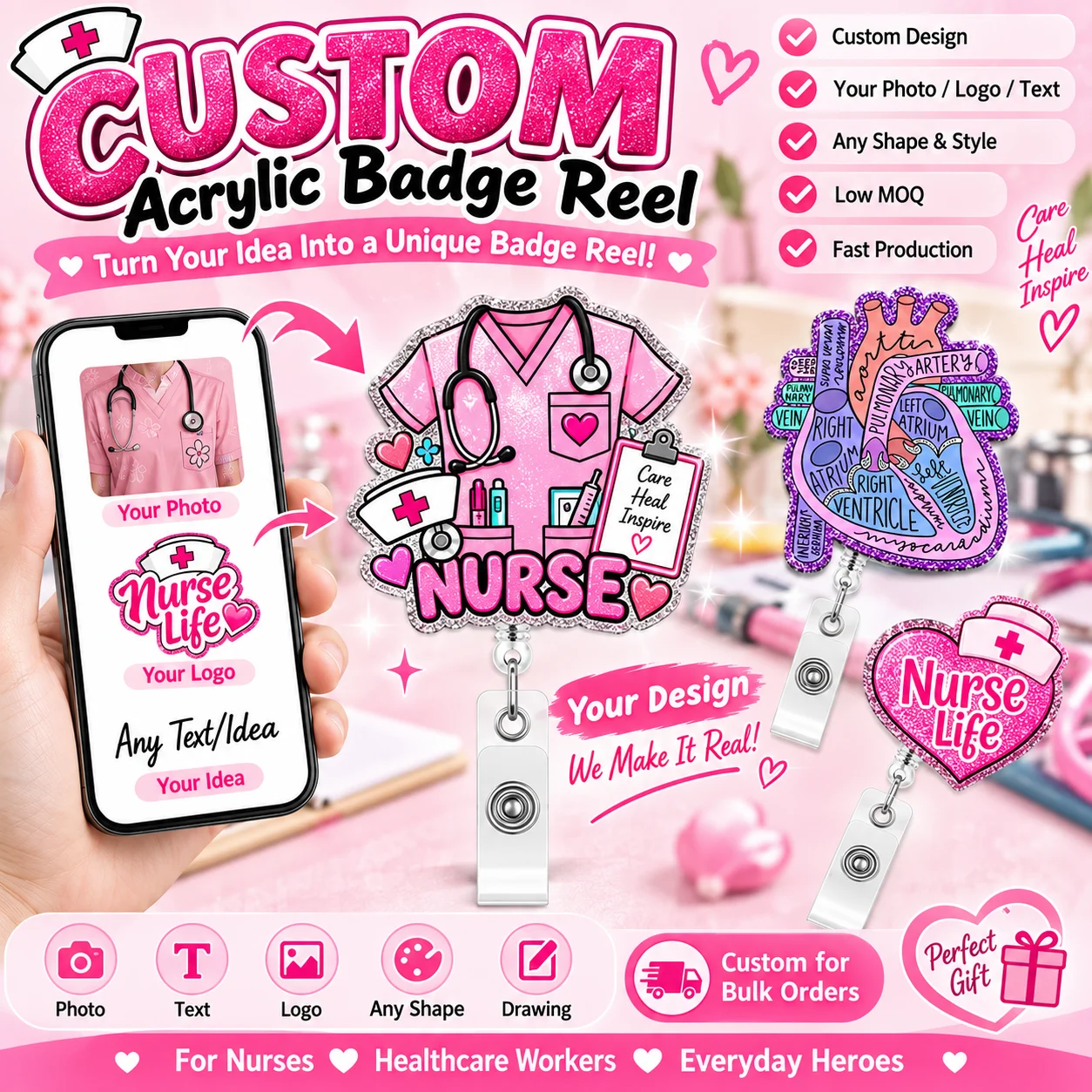 Custom Color Glitter Acrylic Badge Reel clip for Retractable Badge Reel for medical Nurse Doctor Student & ID Cards