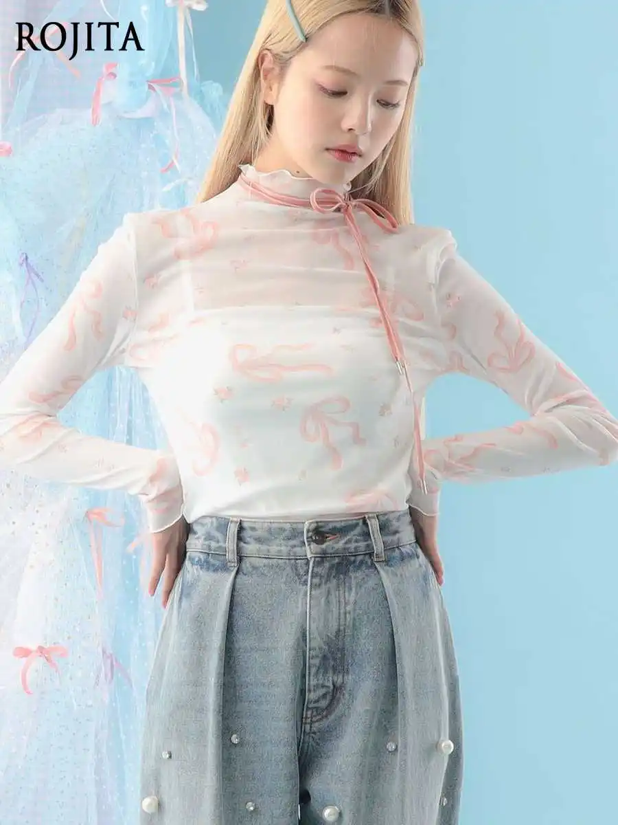 Japanese Style Sweet Cute Wind Bow Print Long Sleeve T-Shirt Women's Slim Fit Long Sleeve Sheer Layering T-Shirt