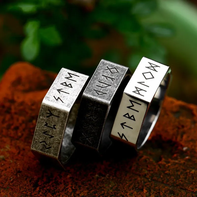 New Updated Style Hexagon Vikings Runes Stainless Steel Womens Mens Rings Punk Unique For Boyfriend Biker Jewelry Gift Wholesale