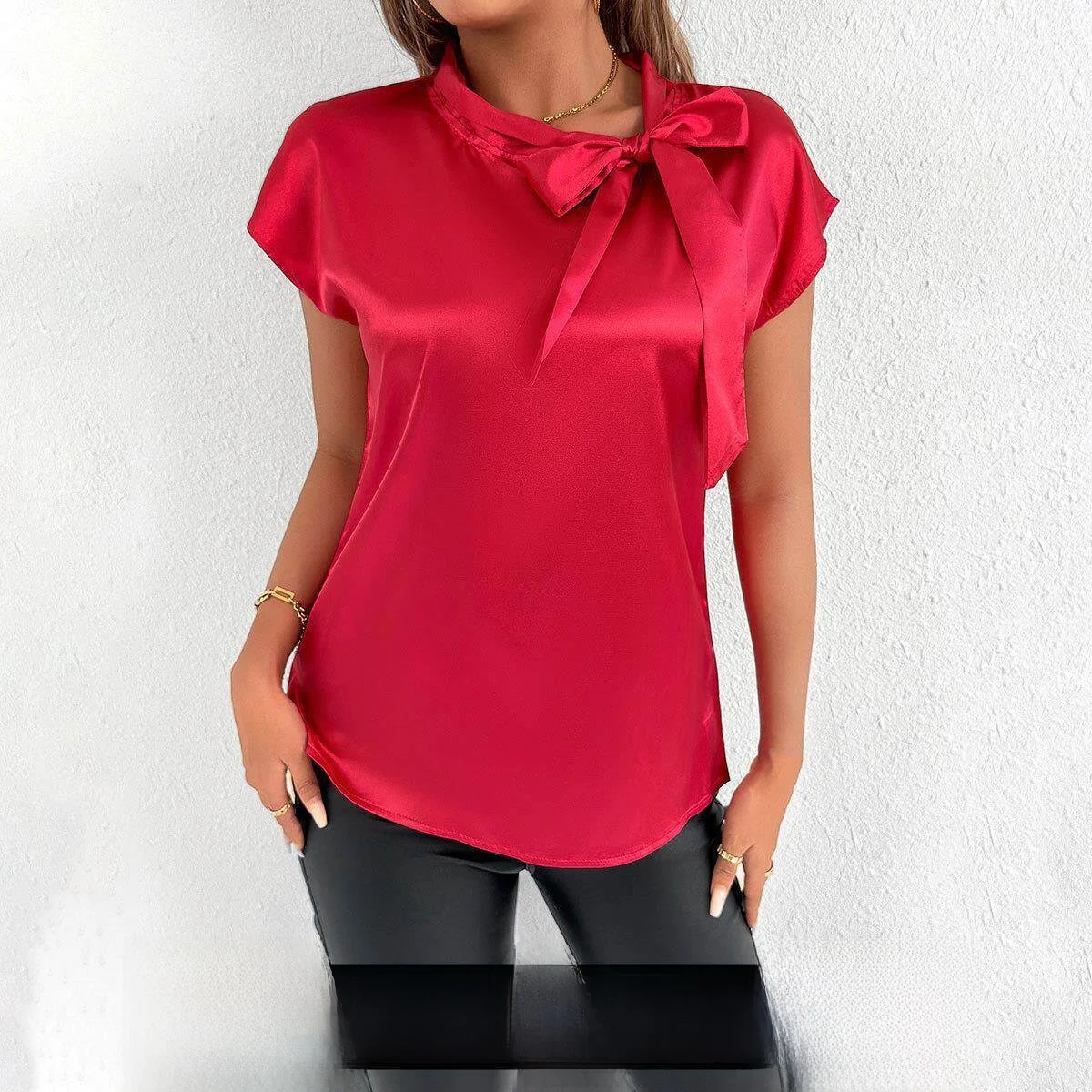 

Women's Silk T-Shirt Summer Color Silk Satin Independent Station Cross-Border Actual Shot Female Top Short Sleeve Autumn