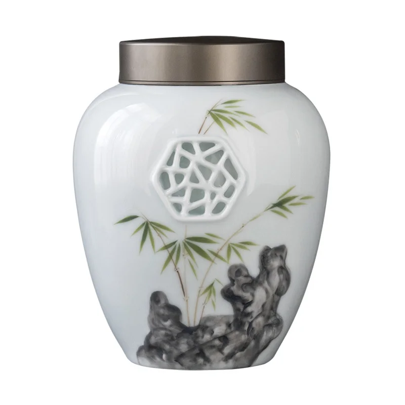 Three Time Hand-Painted Bamboo Window Wer Tea Can With Square Ceramic Sealed Alloy Lid, Moisture-Proof Gift Box For