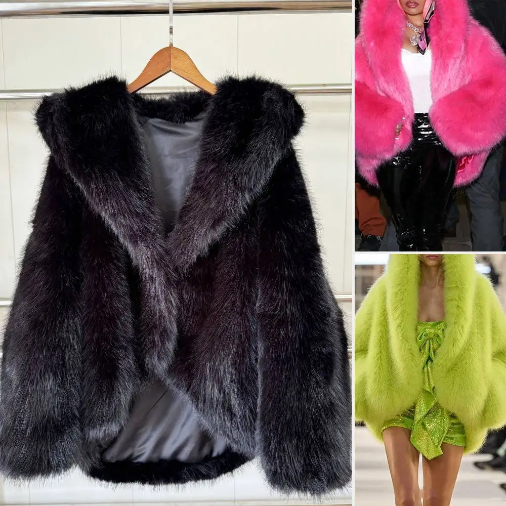

Женский искусственный мех ‌ Зимняя куртка с капюшоном, пальто, крутая уличная стильная однотонная пышная куртка с длинными рукавами, свободная верхняя одежда, теплая женская куртка
