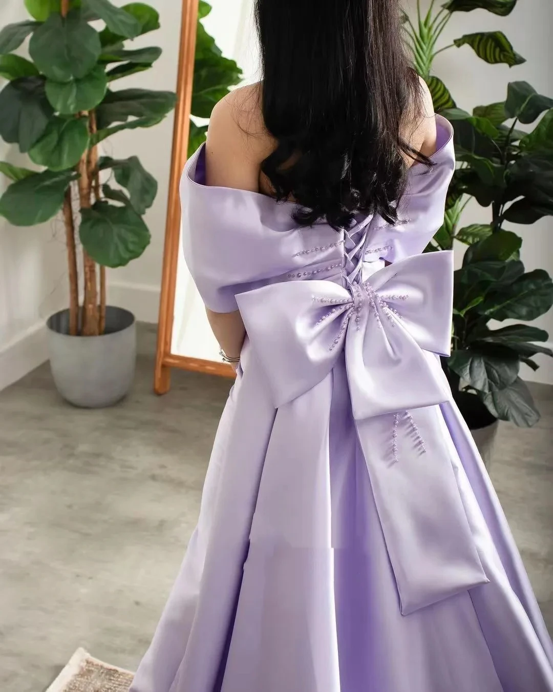 Saudi Arabia lilac Prom Dresses Beads Off-The-Shoulder Mermaid Formal Evening Dress Sweep Train Bow Wedding Party Dress