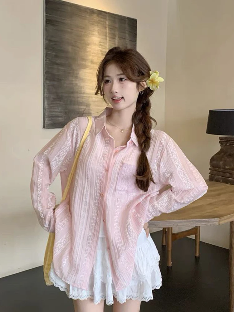 

Прозрачная рубашка, женская свободная милая элегантная блузка с длинным рукавом, сексуальные модные женские летние шикарные корейские топы, новые