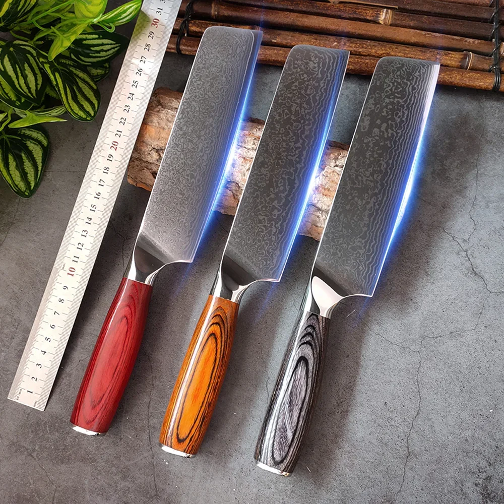 7-inch Dmascus Knife High Carbon Steel Cleaver Knife Chop Meat Vegetable Fruit Sharp Chef Knife Wooden Handle Kitchen Knives Set