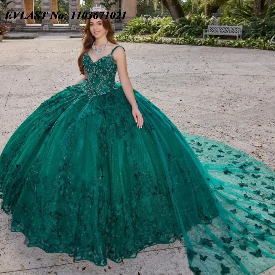 Evlast Mexiko Smaragdgrün Quince anera Kleid Ballkleid Spitze Applikationen Kristall Perlen mit Cape Korsett Vestidos de XV Anos Sq292