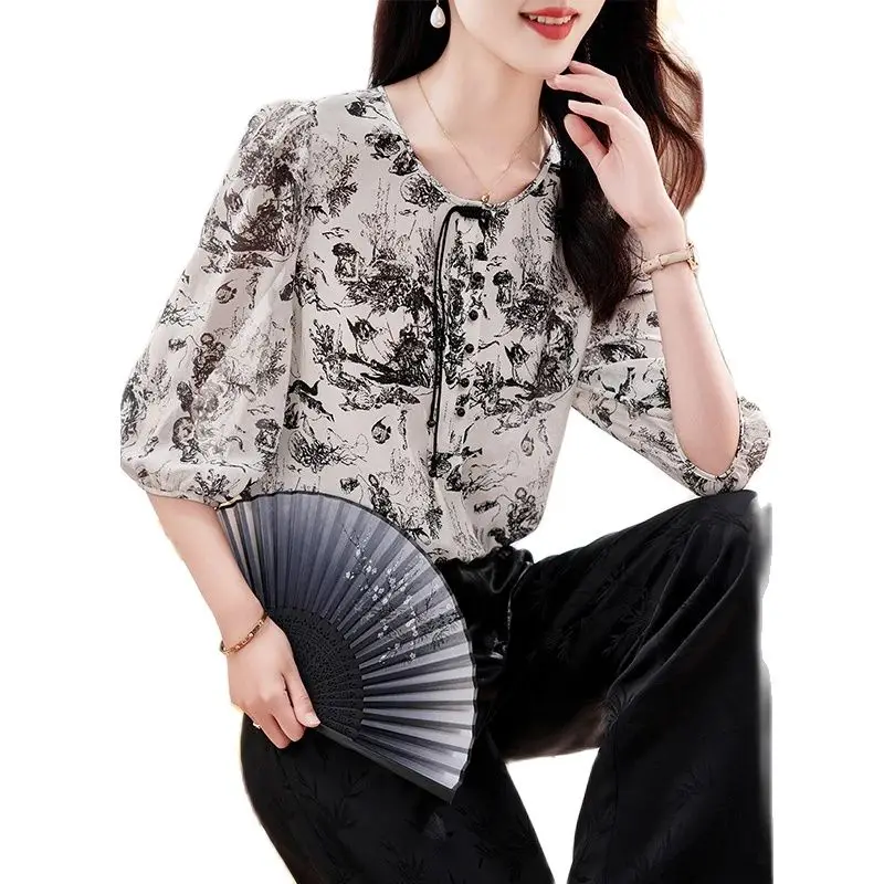 BirdTree, 100%Real Silk Elegant Shirt, Women Half Sleeve O Neck Printed, Loose Chinese Versatile Mom Tops, 2024 Summer T46431QC