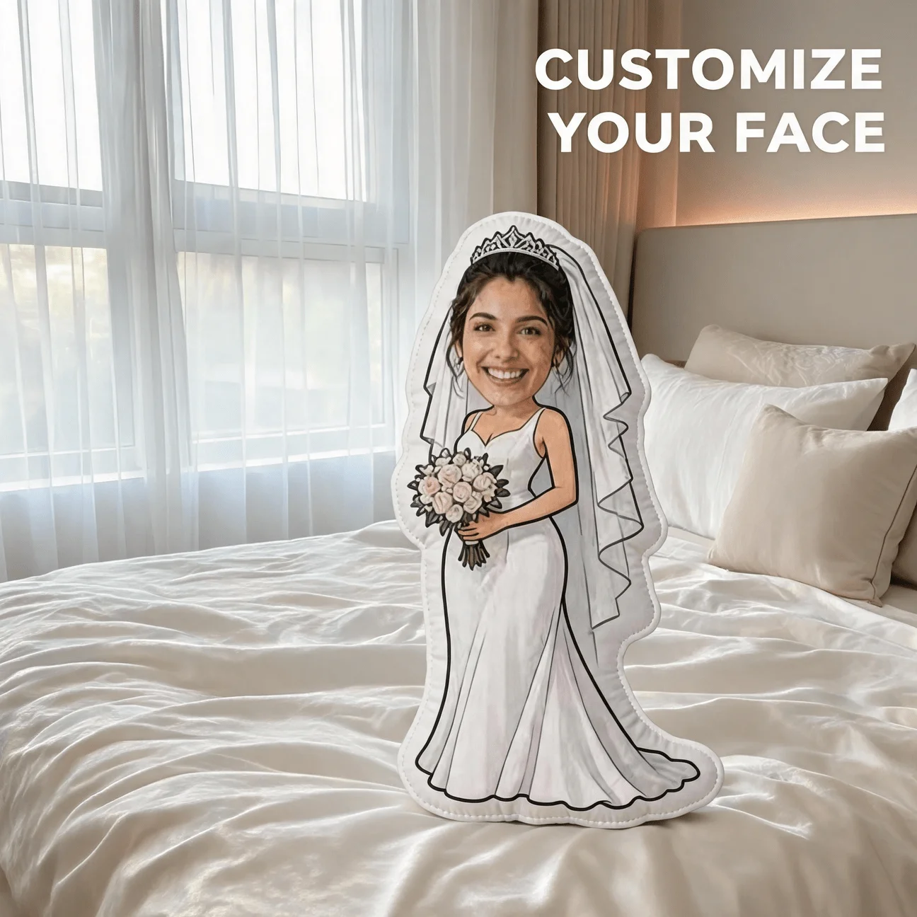 Personalized Bride Shaped Pillow with Photo Insert - Custom Wedding Cushion Suitable for Sofa & Bed, Wedding Dress & Tiara Decor