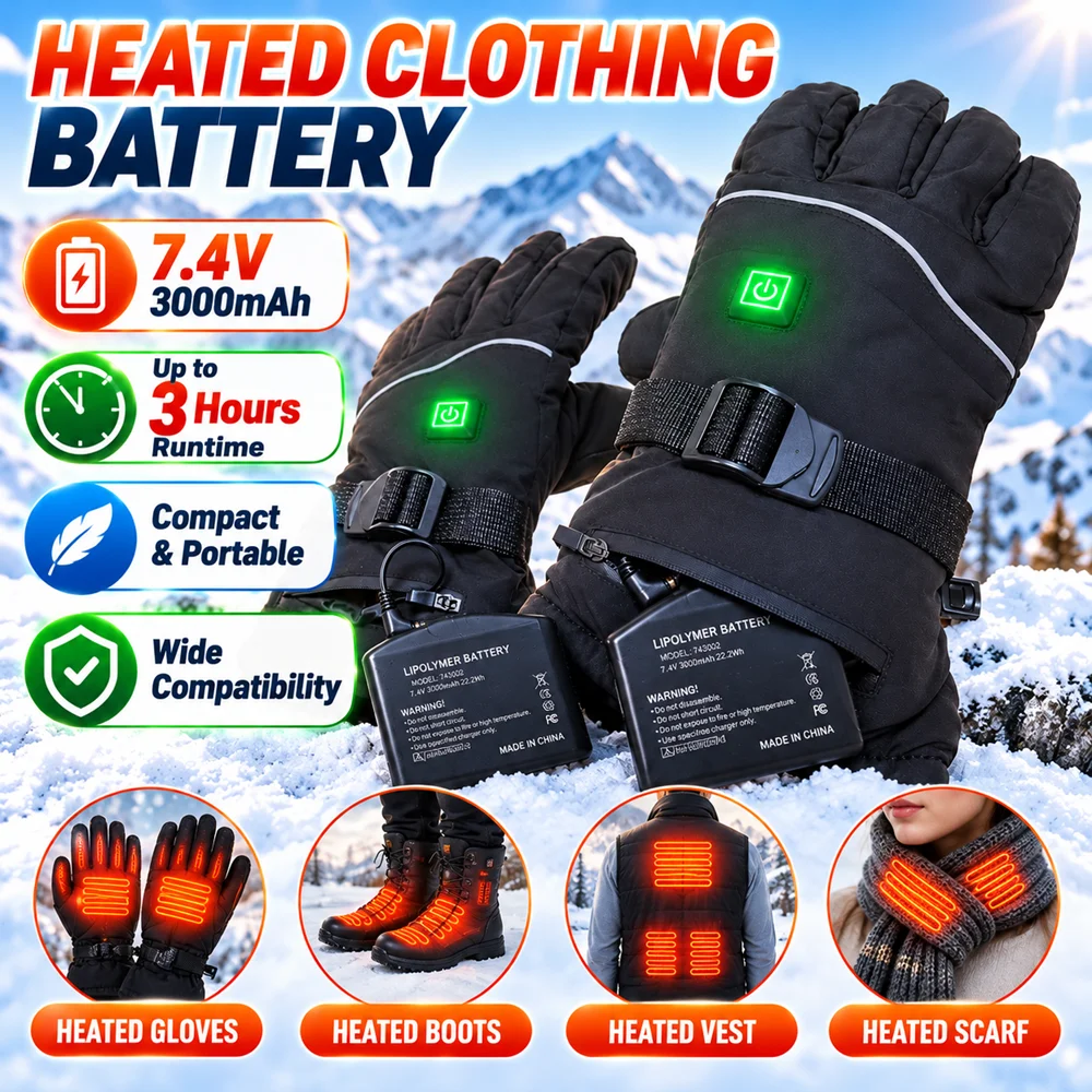 Heated Gloves Battery 7.4V 3000mah Polymer Lithium Battery Pack 22.2Wh Power Bank for Heated Vest Jacket Coat Scarf Socks Shoes
