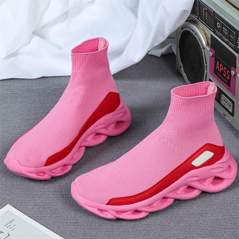 Sepatu kets olahraga kasual merah muda wanita, sepatu olahraga ringan leher tinggi 45 model sneaker Slip-On lari untuk pria dan wanita