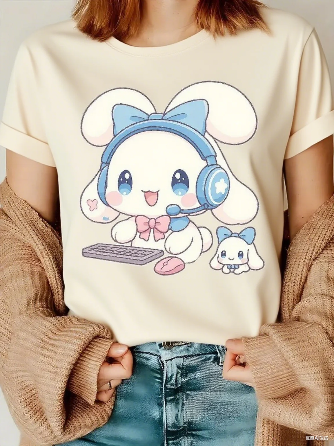 Cute Bunny with Headset Keyboard Pure Cotton T - Shirt Adorable Cartoon Rabbit in Gamer Style Fun Graphic Tee Arrival Tee S-4XL