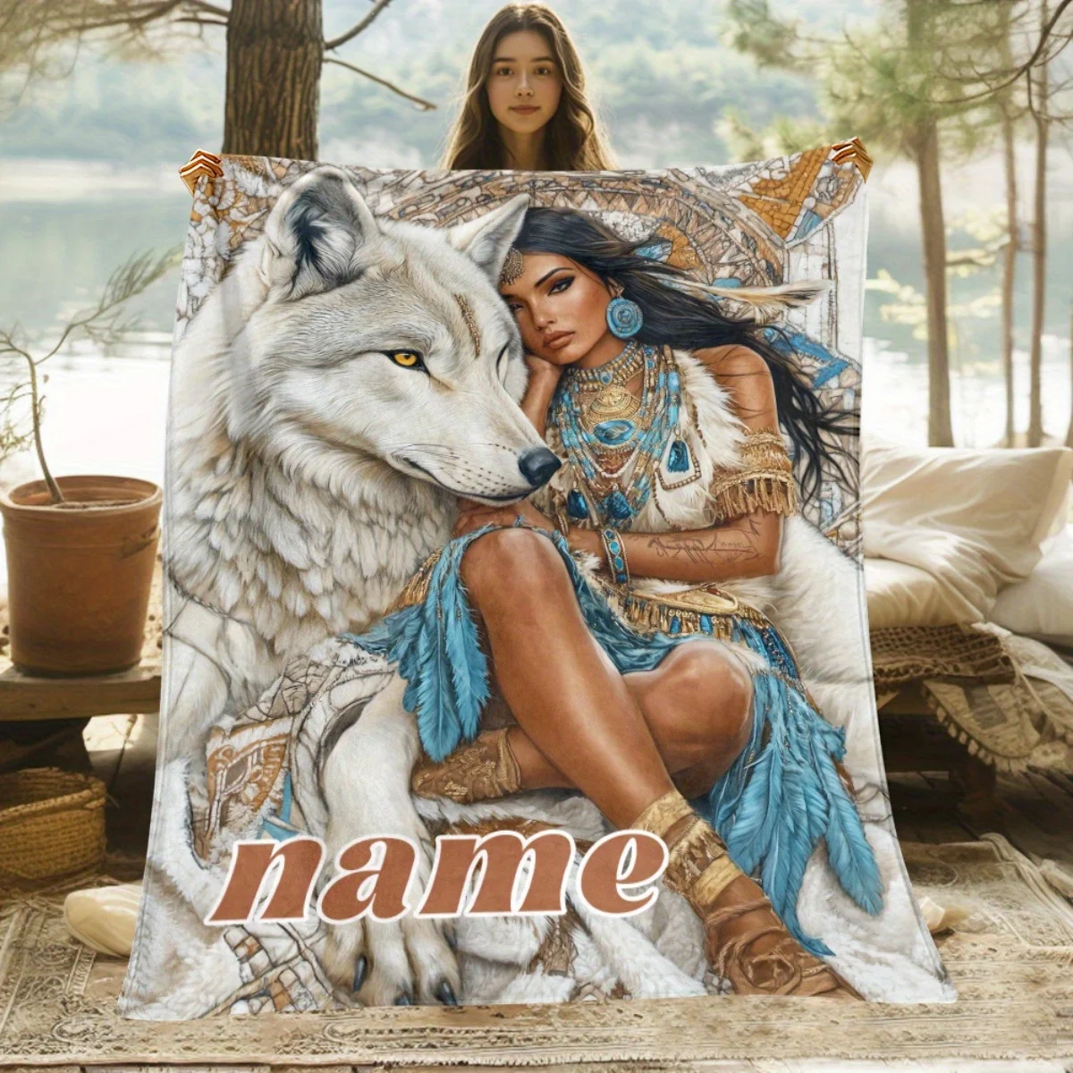 Custom Native American Blanket Woman Wolf Tribal Feather Blue Jewelry Design Personalized Name Fleece Throw All Season Soft Warm