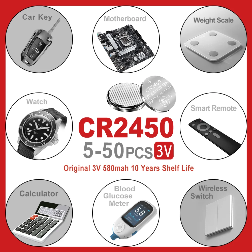 5-50pcs 3V 580mAh CR2450 Watch Buttom Battery KCR2450 5029LC LM2450 DL2450 ECR2450 BR2450 watch Lithium Coin Cell Batteries