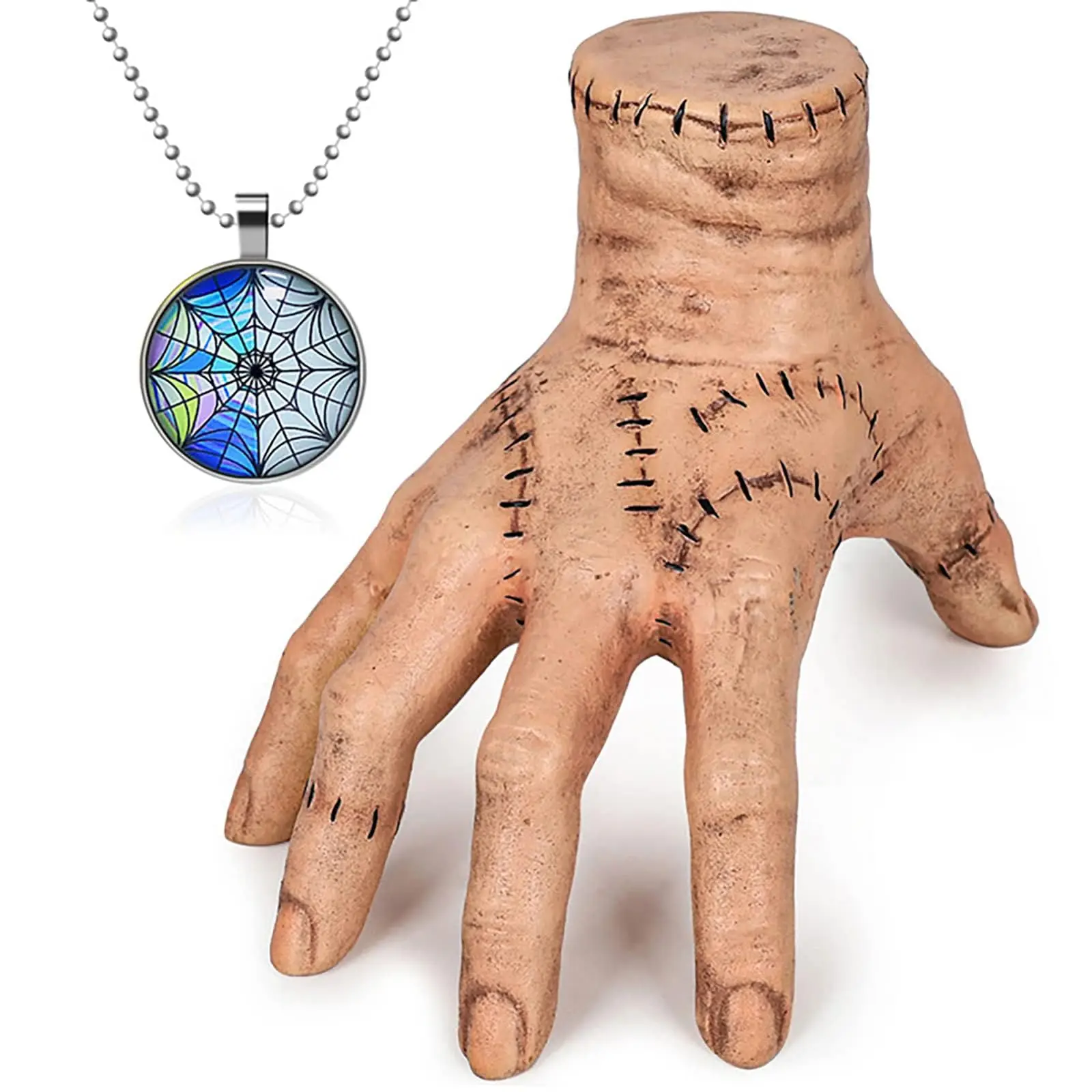 

Thing Hand Toys Halloween Horror Addams Birthday Decorations Realistic Thing Hand with Necklace Cosplay Prosthetic Props