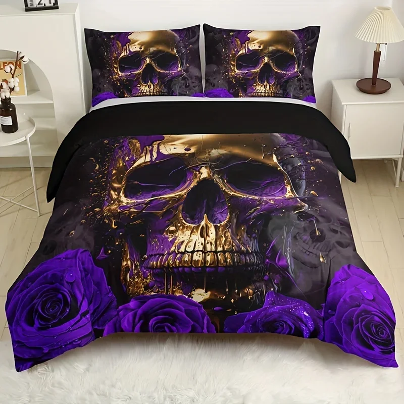 

3pcs Soft and Breathable Purple Rose Skull Pattern Duvet Cover Set for Bedroom, Guest Room