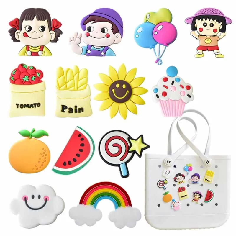 MINISO-Accesorios de goma de personajes de dibujos animados para mujer, bolsa de playa, bolso de mano, insertos decorativos con hebillas