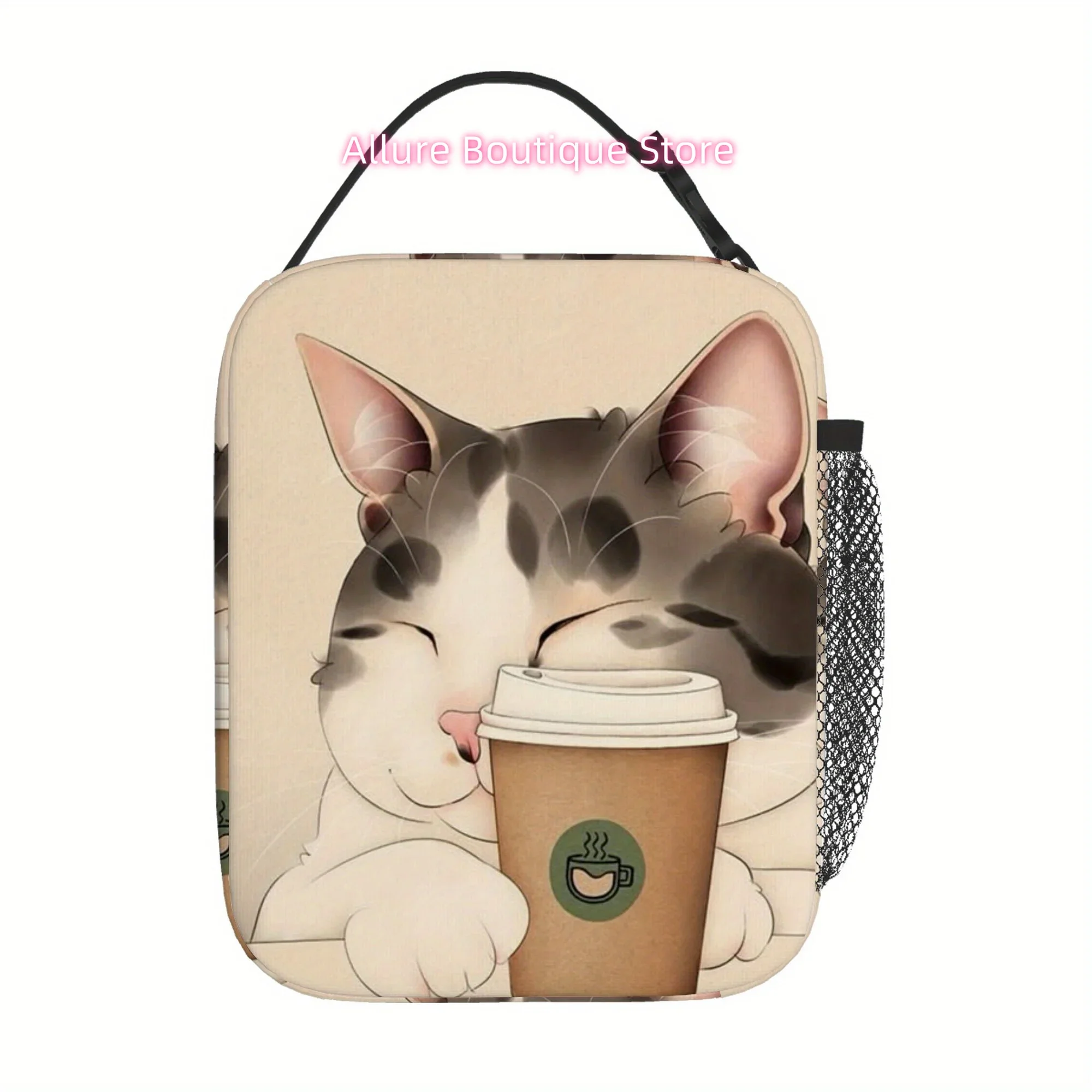 1pc, Cute Cat Enjoying Coffee Cup Printed Thermal Bag - Insulated Lunch Tote for Home/Restaurant/Office Use (Unisex), Insulated