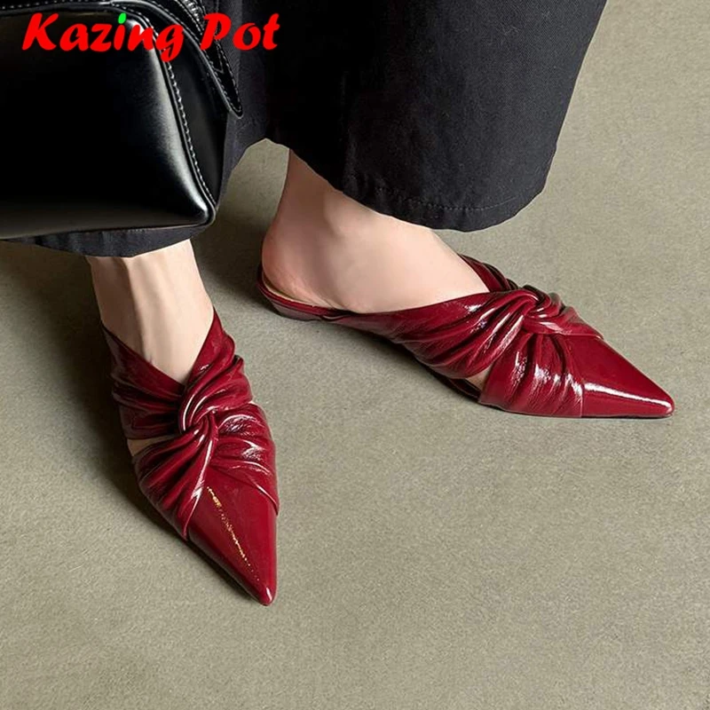 Krazing Pot New Cow Skin Shallow Pointed Toe Low Heels Vintage Superstar Weaving Style Daily Wear Pleated Decoration Women Pumps