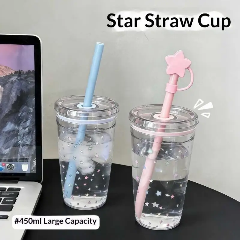Plastic Straw Cup New 450ml Tea Coffee Milk Simple Straws Sweet Cute Star Friend Gifts