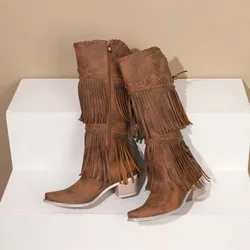 Western Vintage Cowboy Mid-calf Boots Women Brown Pink Braid Fringe Warped Pointed Toe High Block Heels Zipper Tassel Long Boots