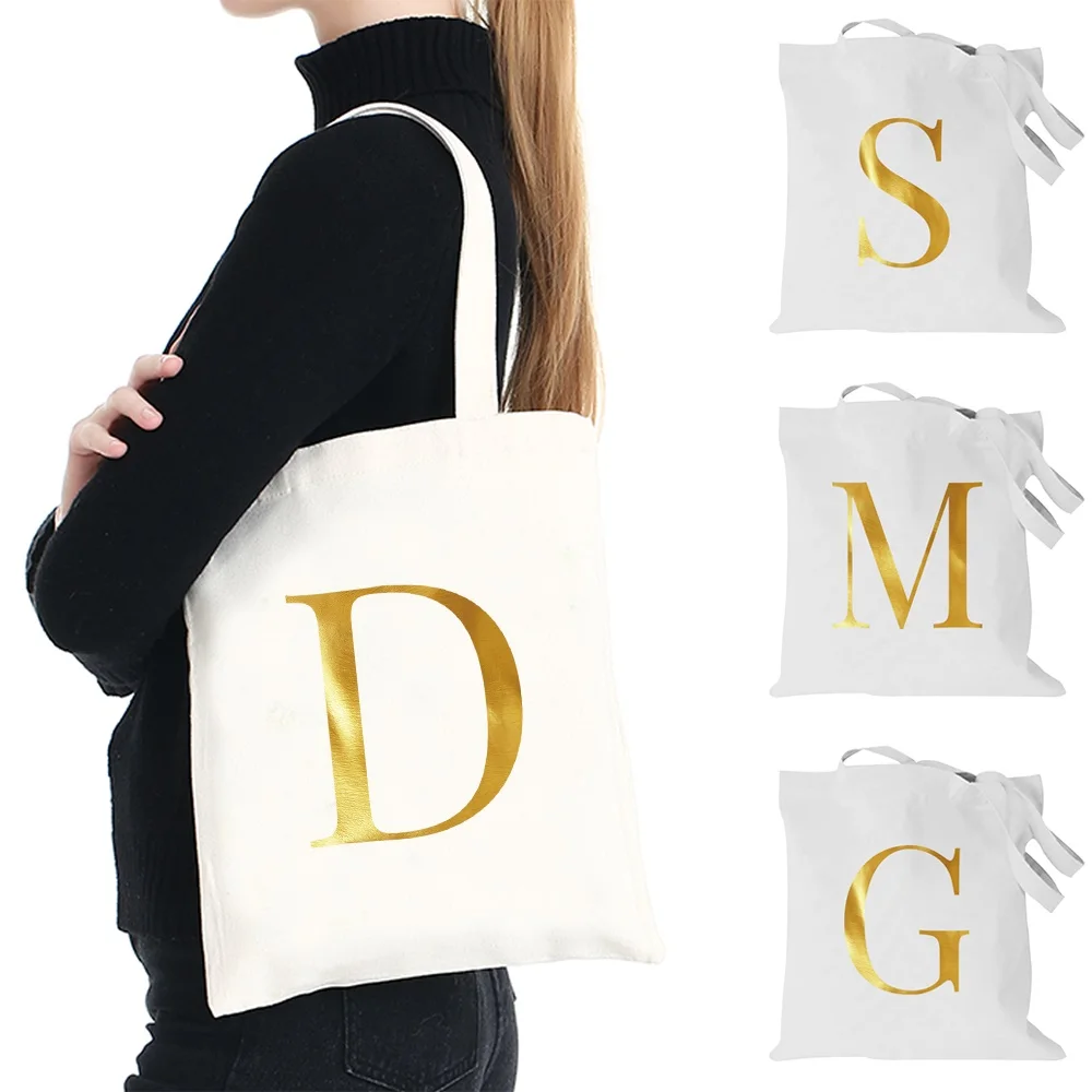 

Women Shopping Bag Organizer Canvas Tote Bag Large Capacity Letter Initials Pattern Shoulder Handbag Commute Shopper Bag