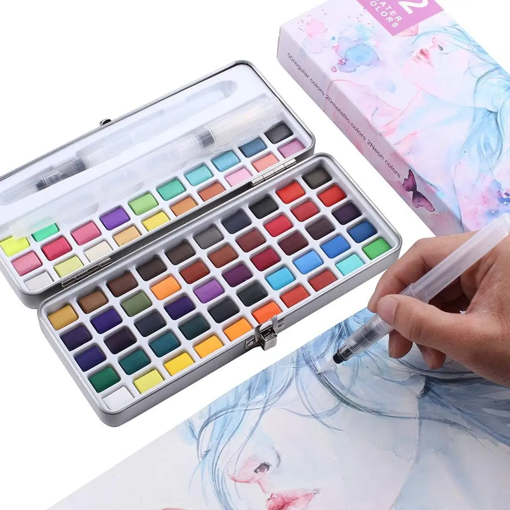 angwang Pure Watercolour Paint Set, 72 cores, conjunto com 3 pincéis e estojo de metal portátil, adequado para profissionais, in