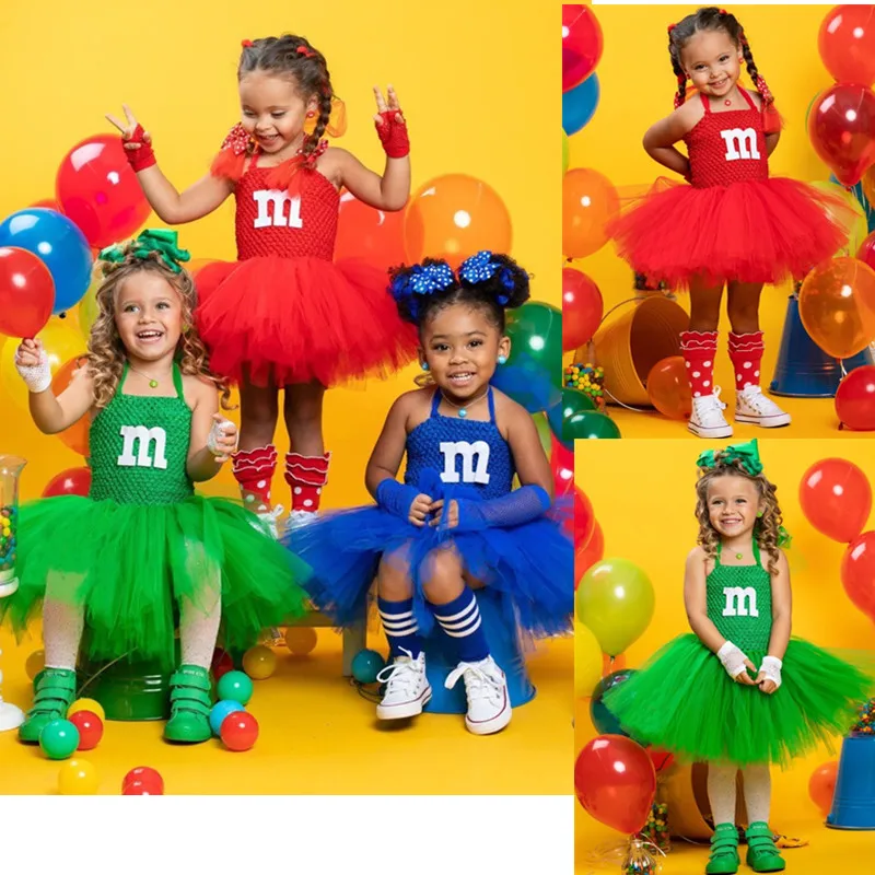 أزياء الهالوين للأطفال اللطيفة على شكل حرف M والشوكولاتة والحلوى التأثيرية فستان M&M للفتيات أخضر أصفر ملون لفريق الهتاف فستان توتو بحروف M