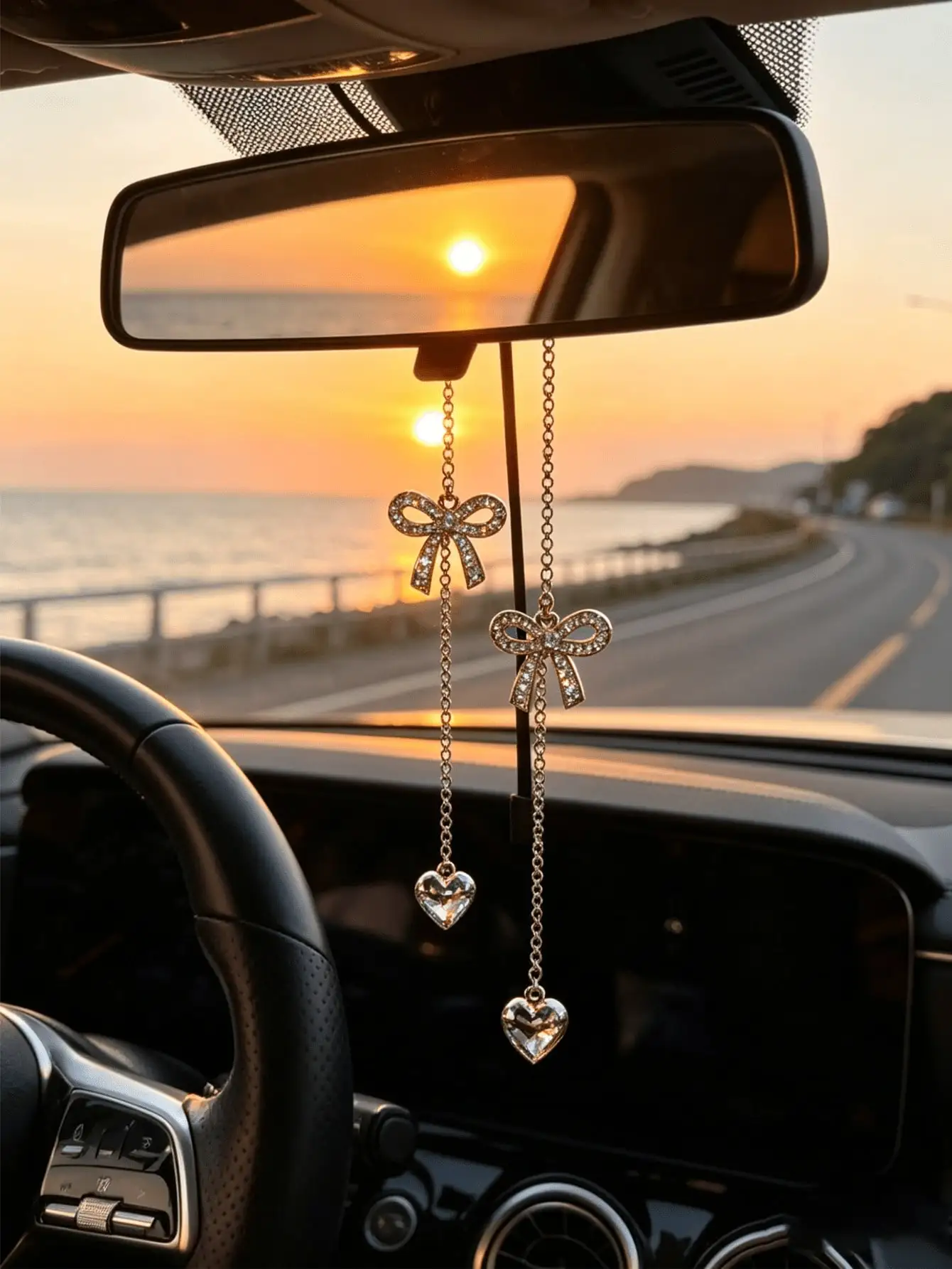 Gold Chain Rhinestone Heart Bowknot Car Pendant, Luxury Crystal Mirror Hanging Decor for Women