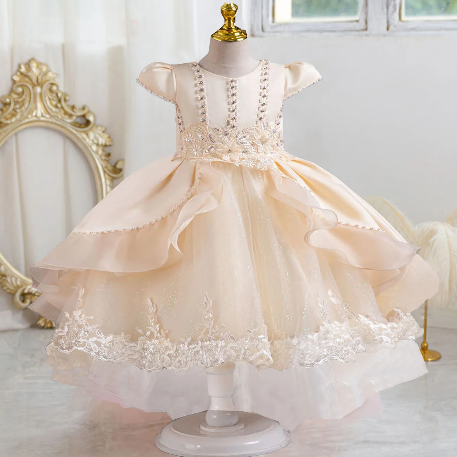 

XMLSY Stunning Cap Sleeves Beaded Embroidered Flower Girl Birthday Party Formal Pageant Dance Party Dress Dress