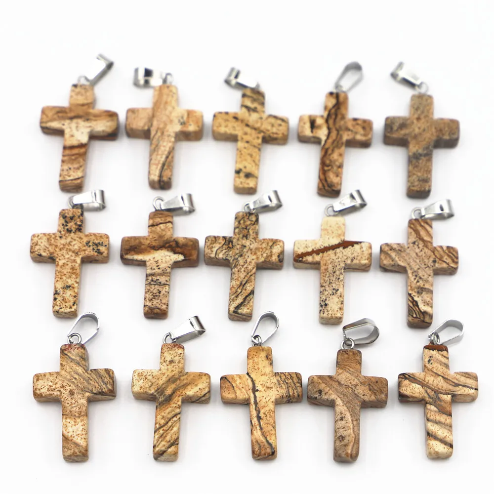 Hot Fashion Natural Picture Stone Cross Reiki Shape Pendants Charms for Women Necklace Jewelry Making 25*18MM 25PCS Wholsale