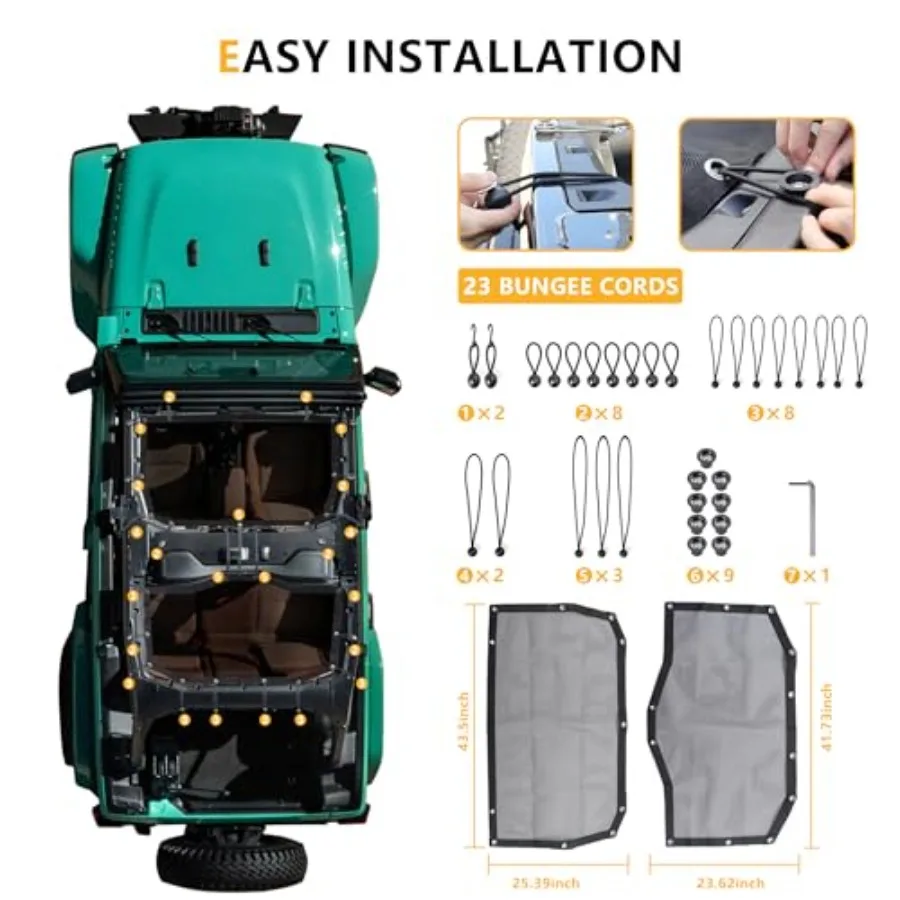 Sunshade Compatible with 202 2025 2026 Jeep Wrangler JL XE Hard Top Accessories Front Rear Sun Shade Soft Mesh Top Bimini Roof