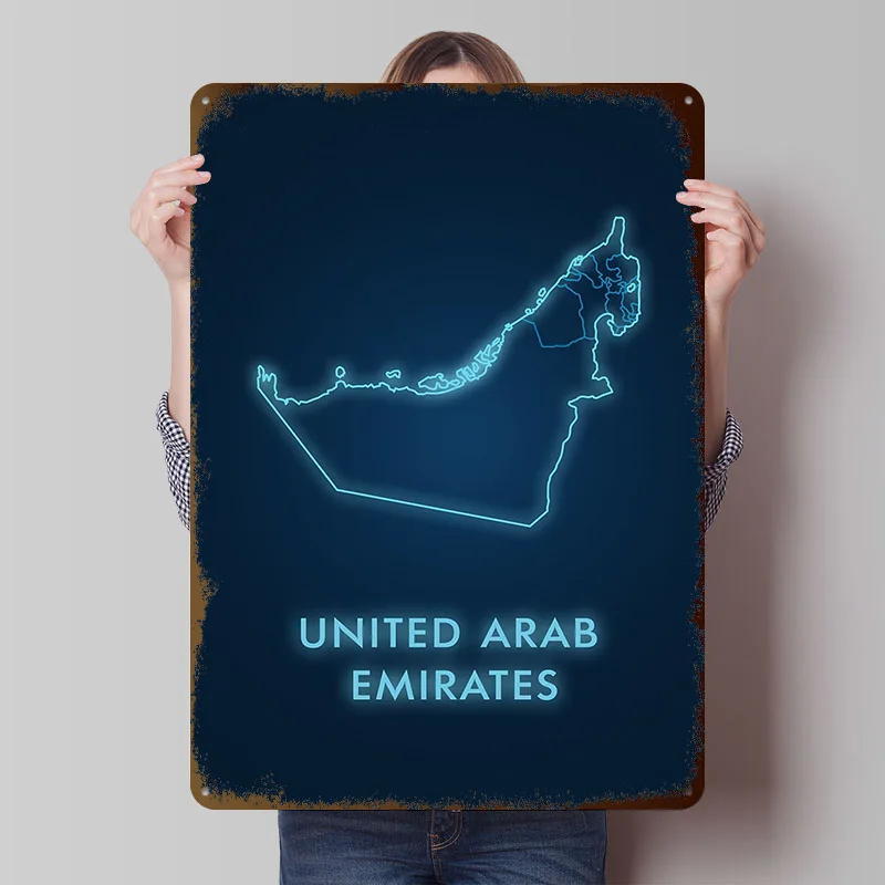 United Arab Emirates Neon Map Printed Poster Customized Wall Art Retro Vintage Metal Tin Signs for Home Room Decoration Gaming