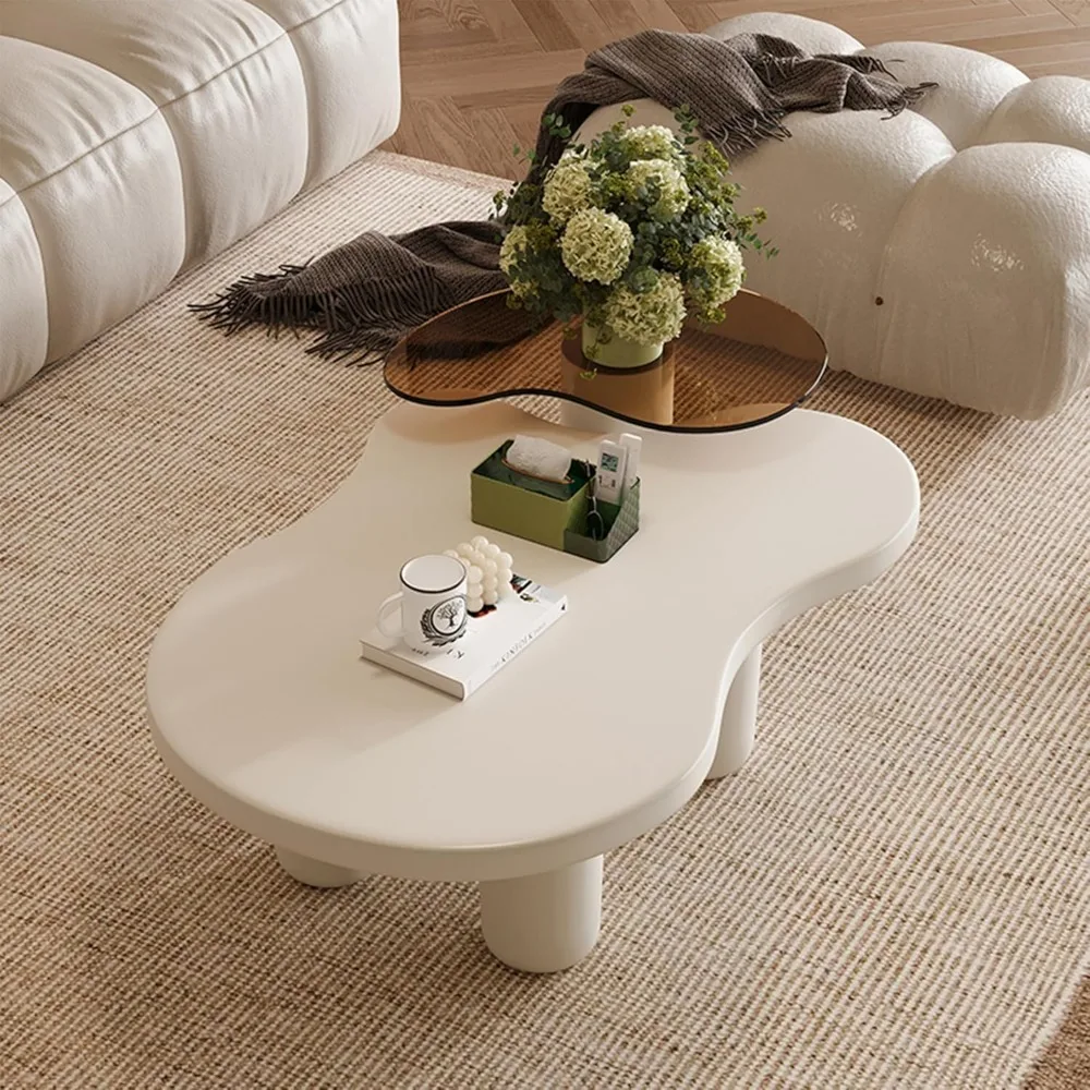 Conjunto de 2 mesas de centro em nuvem branca creme, mesa de centro aninhada, mesa de centro irregular moderna de 39 polegadas com mesa lateral superior de vidro de 24 polegadas