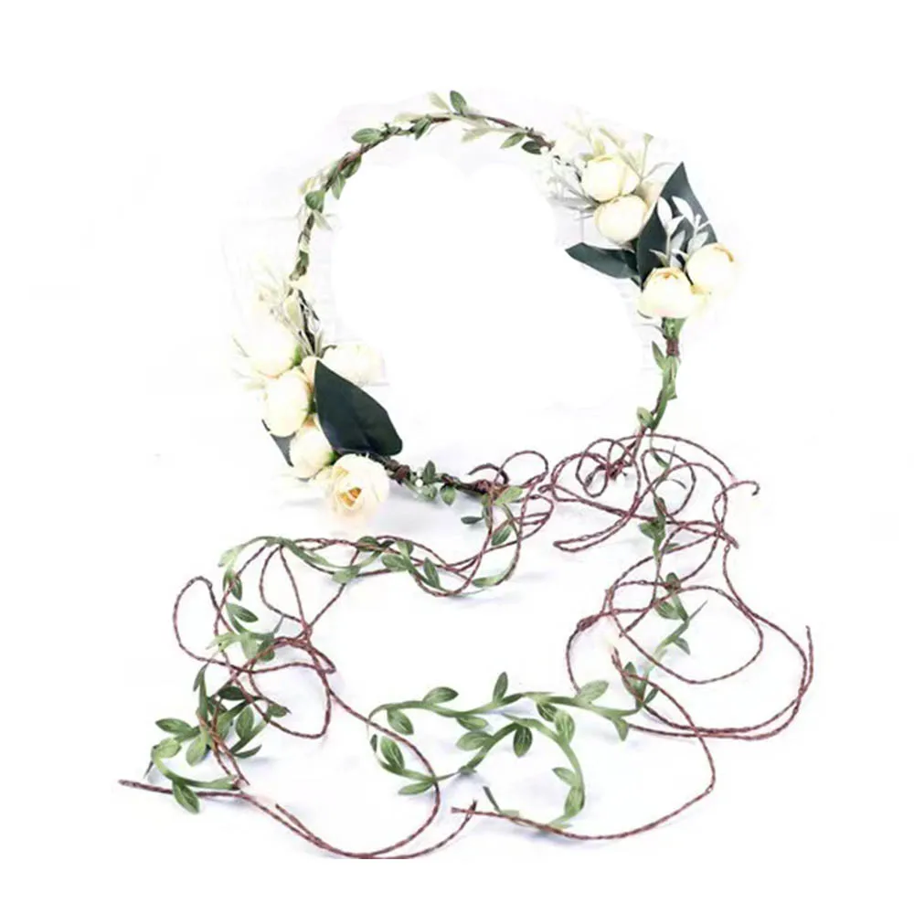 Adjustable Flower Headband Hair Wreath Floral Garland Crown Halo Headpiece Boho with Ribbon Wedding Festival Bridal Shower Party