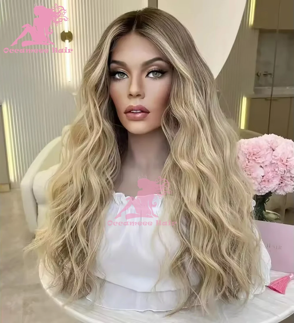 Human Hair Lace Frontal wig Highlights Blonde Full Lace Wig Brown Root 100% Virgin Human Hair Woman  Wigs Natural Hairline