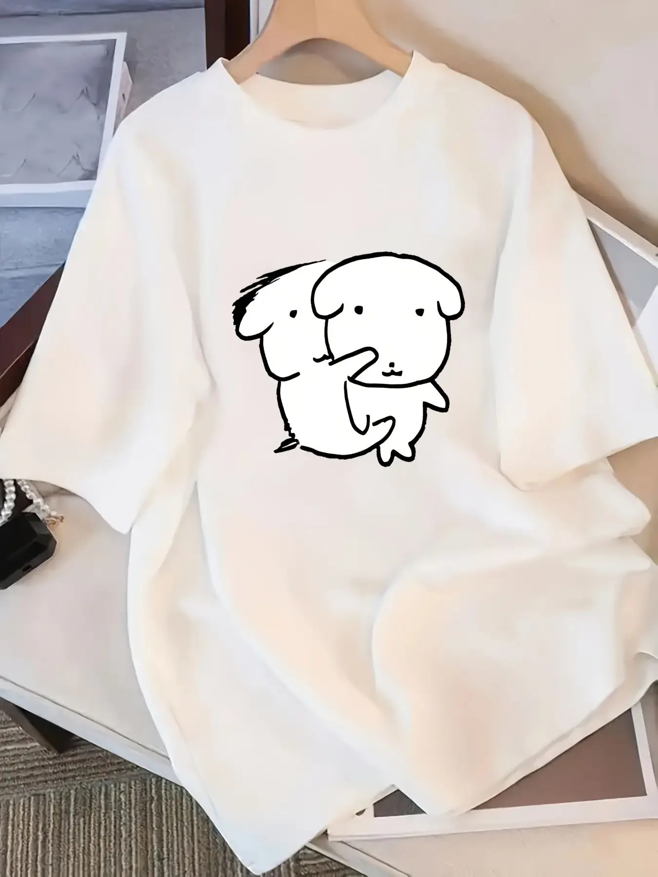 ミニマリスト韓国プリント Tシャツかわいい犬柄レディース快適ホームウェアラウンドネックユニセックス日常着 1