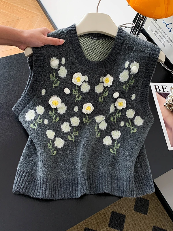 

Корейский Sle красивый вязаный жилет с 3D цветами, женский осенний модный молодежный универсальный супер красивый топ с плечами