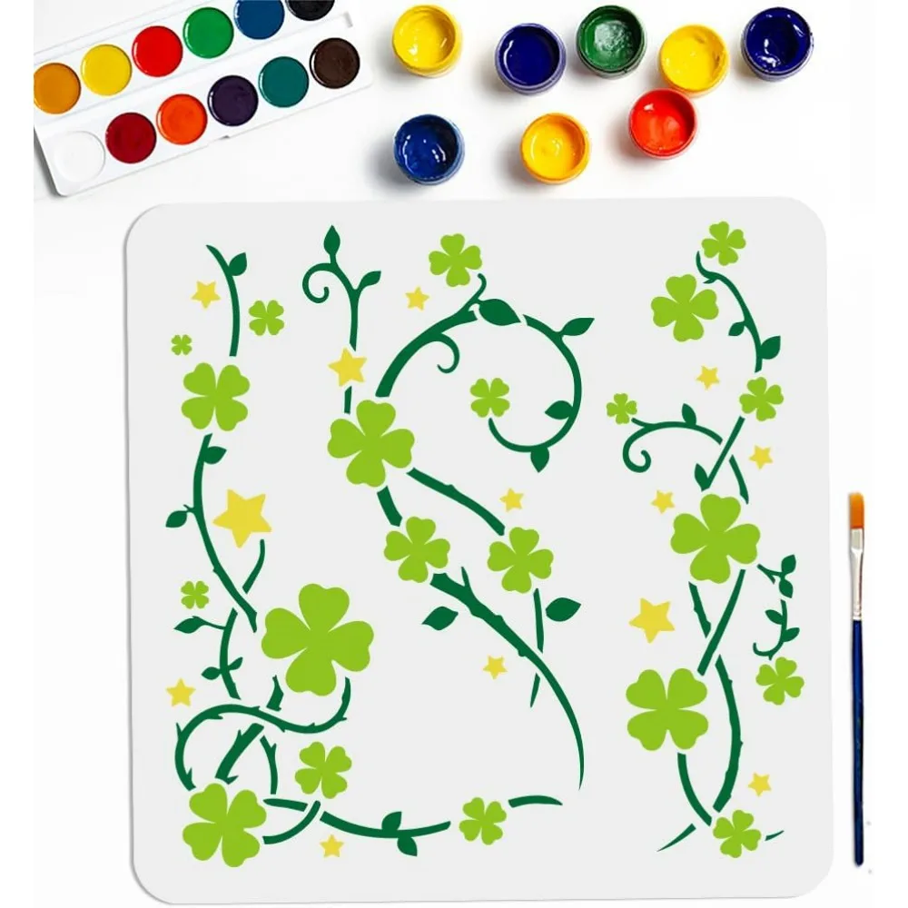 

3 стиля трафарет Lucky Clover Vine 11,8 × 11,8 дюйма трафарет для ветки трилистника с кистью для рисования четырехлистный уголок клевера