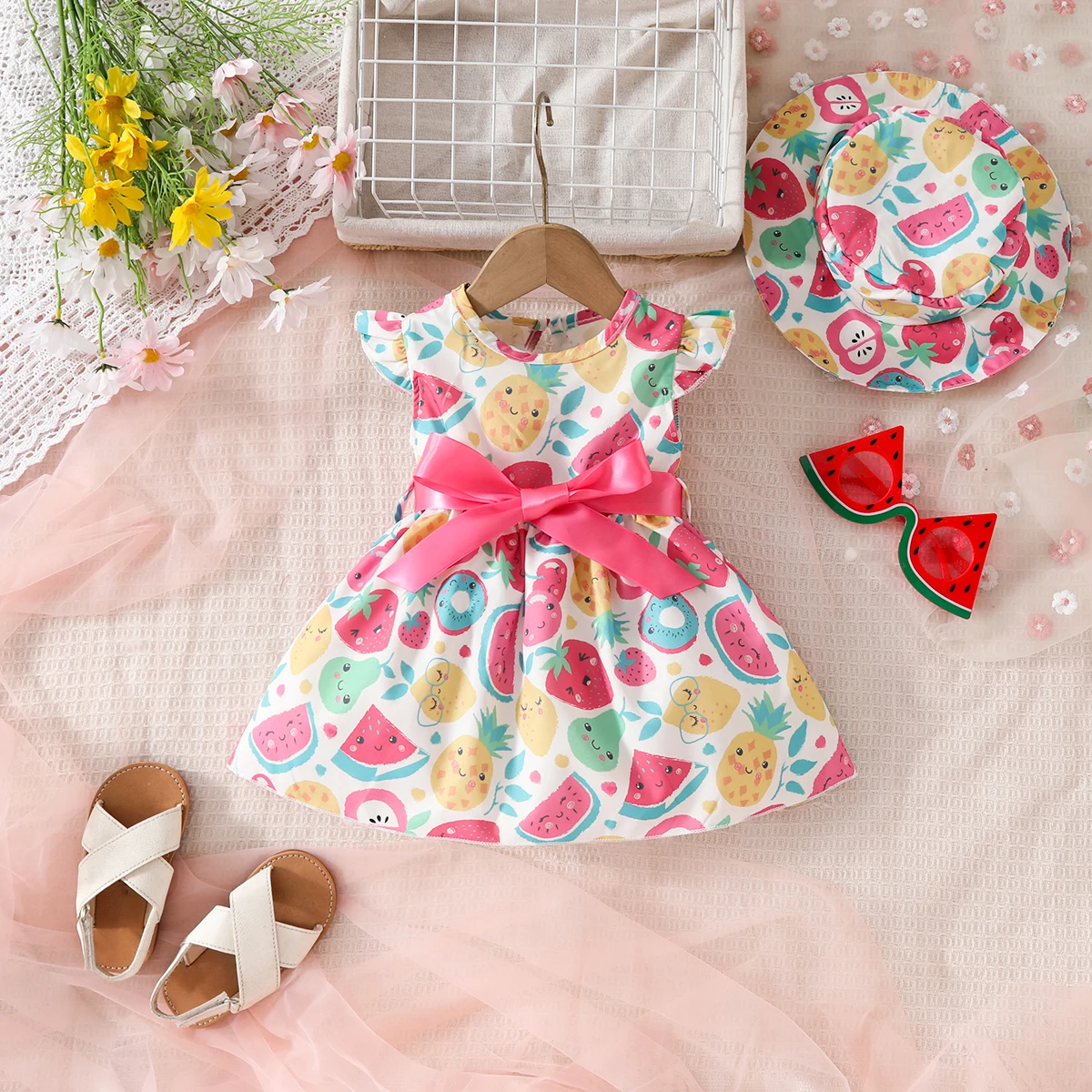 Baby girl Summer Dress Colorful Fruit Pattern Casual Dress+Hat 2Pcs/set suitable for Cute Female Babies aged 0-24 Months