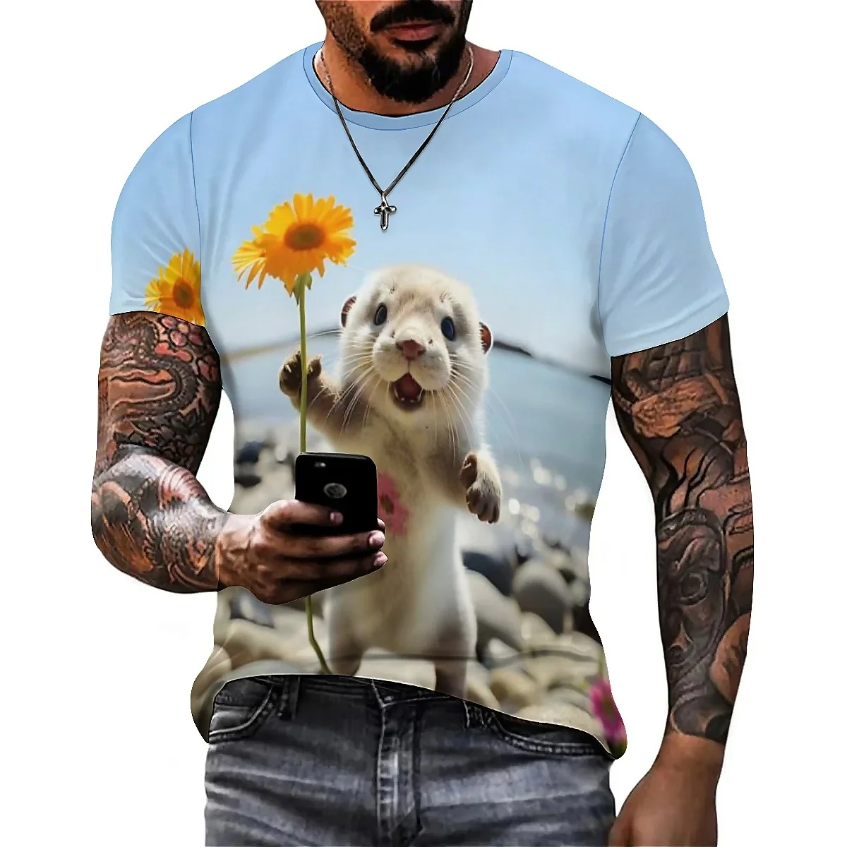 Men's Colorful Visual 3D Printed Short-Sleeve T-Shirt - Winter Loungewear, Pajama Style, Loose Fit