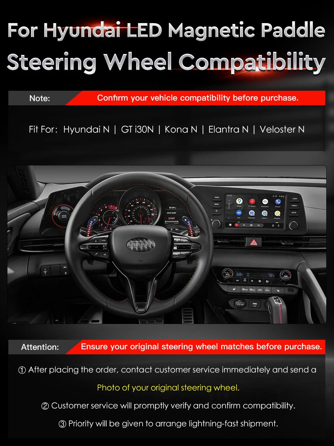 TDD LED Magnetic Paddle Shifters Extension For Hyundai N GTi30N Kona N Elantra N Veloster N Carbon Fiber Shift Paddles