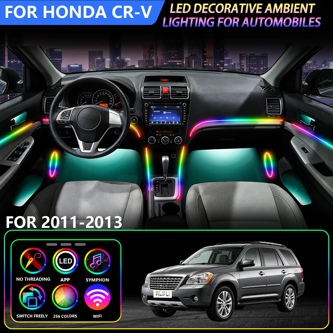 Car Interior Acrylic Ambient Light For Honda CR-V 2011-2013, Iridescent Breathing Atmosphere Lamp Bluetooth APP Control Door Footwell Lighting, Adapts to Long-Term Vibration and Temperature Variations
