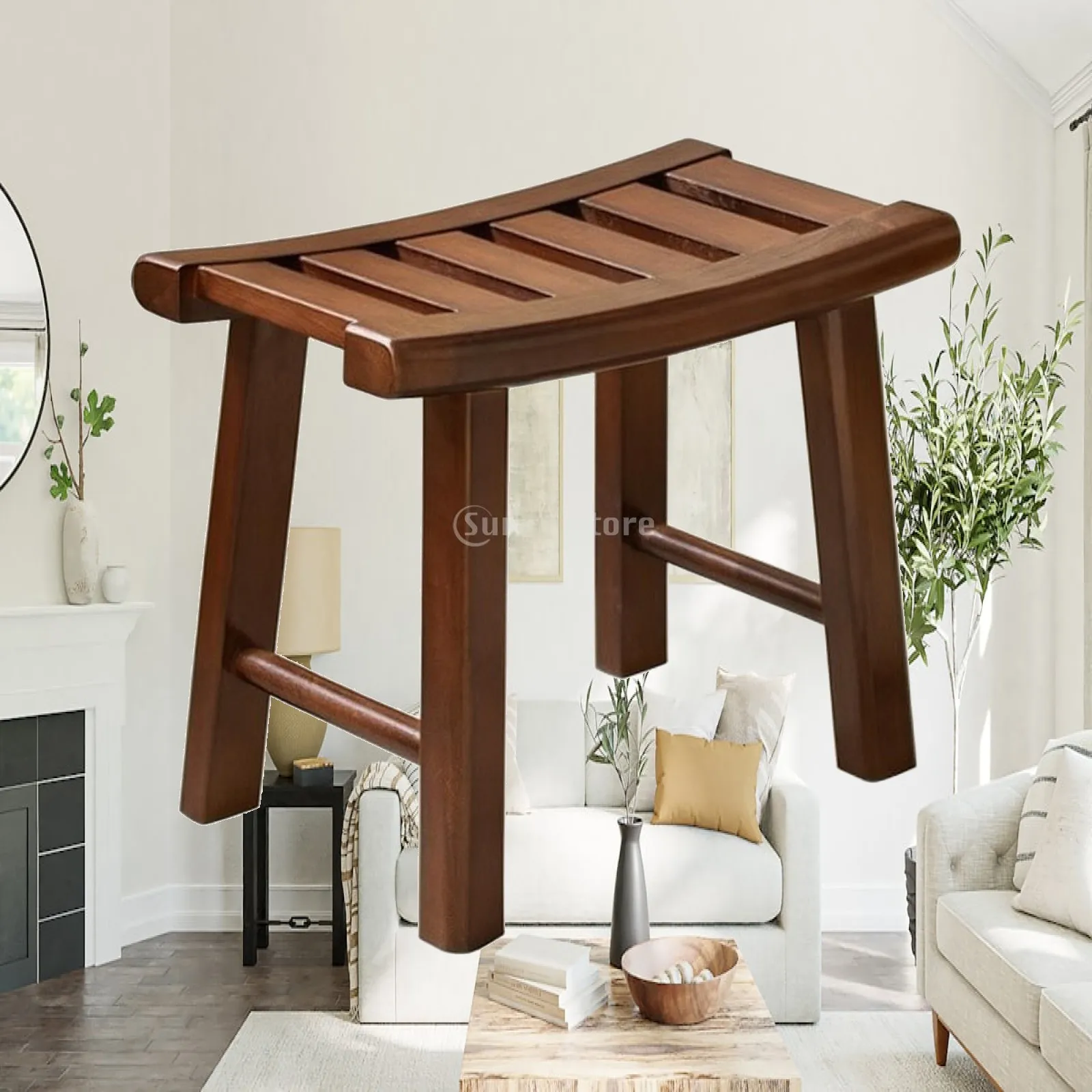 Solid Wood Bathroom Bench with Slatted Seat for Shower Stool Ventilation and Drainage in Damp Areas