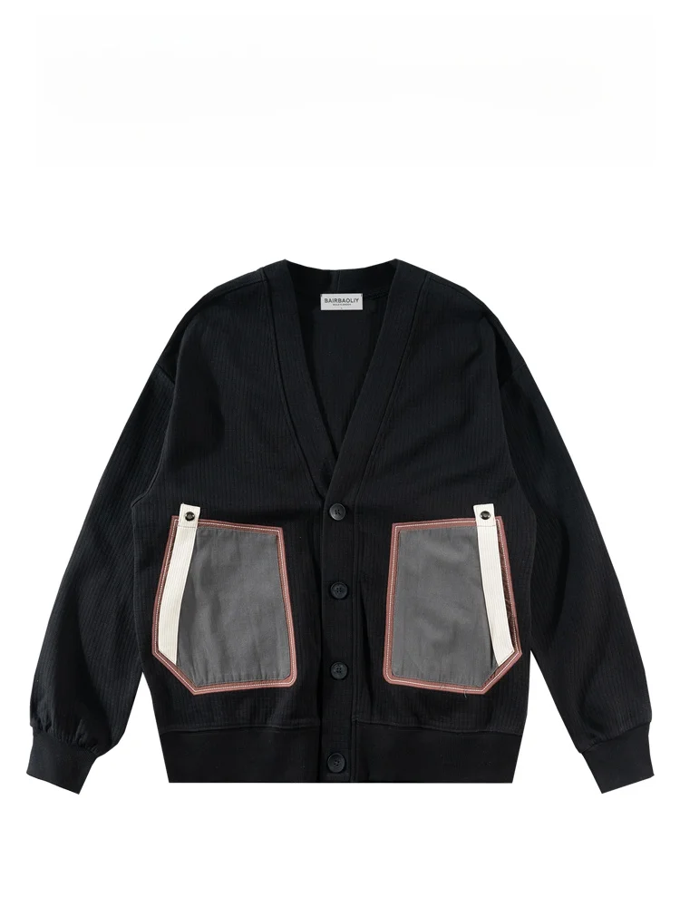 

BAIRBAOLIY High-End Faion Patchwork Open Cardigan Men's Autumn Winter New V-ne Trendy Casual Sweatirt Jaet