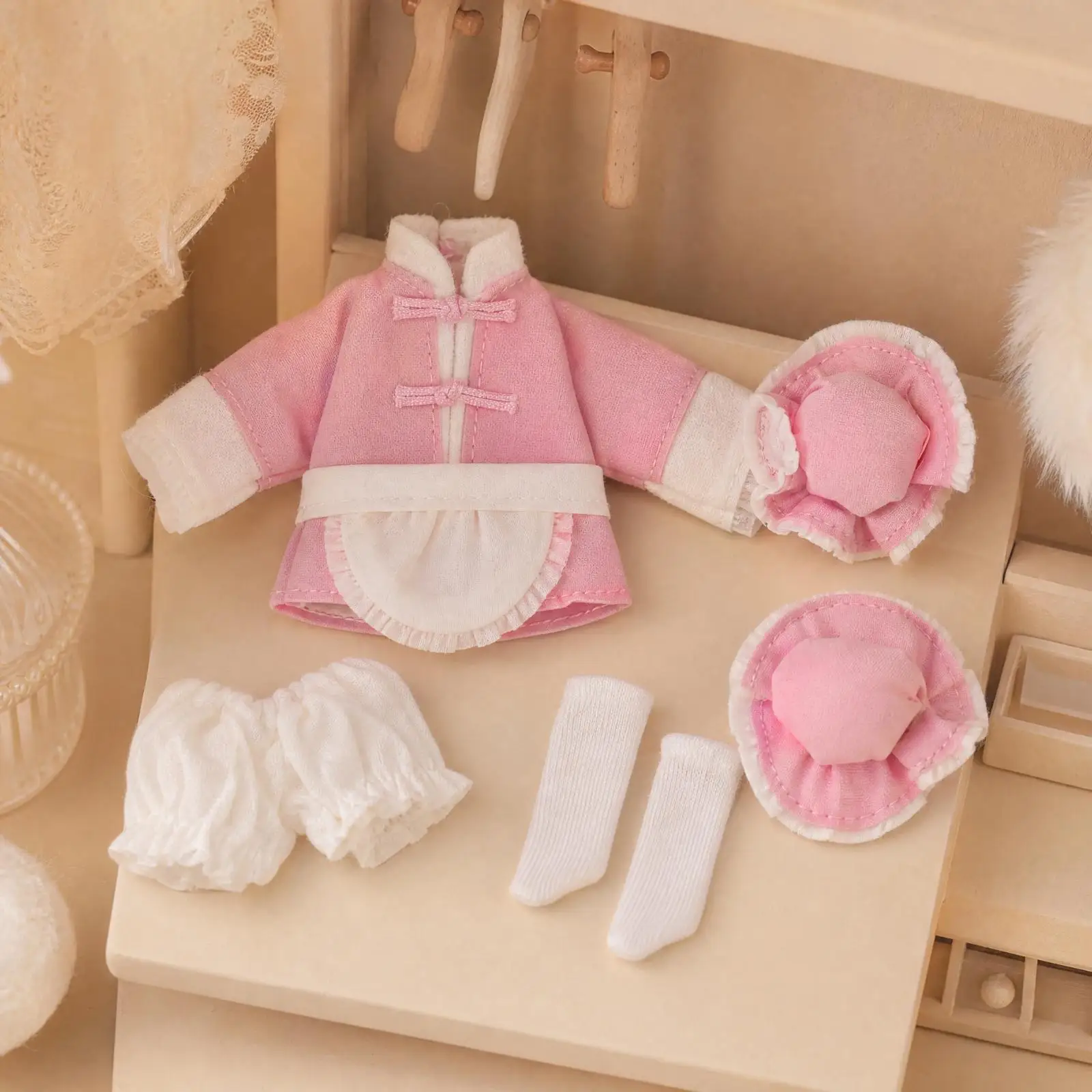 Chinese Traditional Doll Dress Outfit for 8 Inch BJD Doll Includes Top Skirt Headwear and Socks